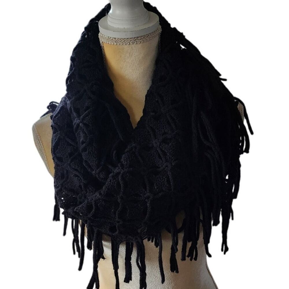 David & Young Black Open Knit Crochet Fringe Infinity Wide Scarf Shawl